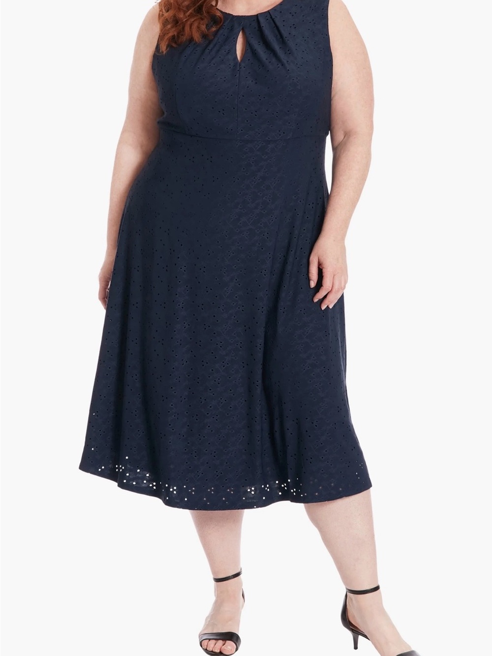London Times Navy Blue Eyelet Lace Fit and Flare Midi Dress Plus Size 3X Keyhole